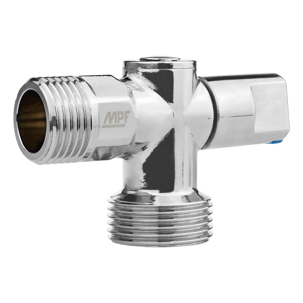 original-15795.jpg Кран шаровой латунный MPF 1/2 НР(ш) х 3/4 НР(ш) к бытовой технике хром мини с отражателем угловой ГОСТ Р 59553-2021 (ИС.081201) — изображение 1