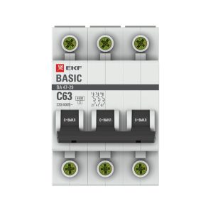 Автоматический выключатель модульный EKF Basic ВА 47-29 3P 63А тип C 4,5 кА 400 В (mcb4729-3-63C)