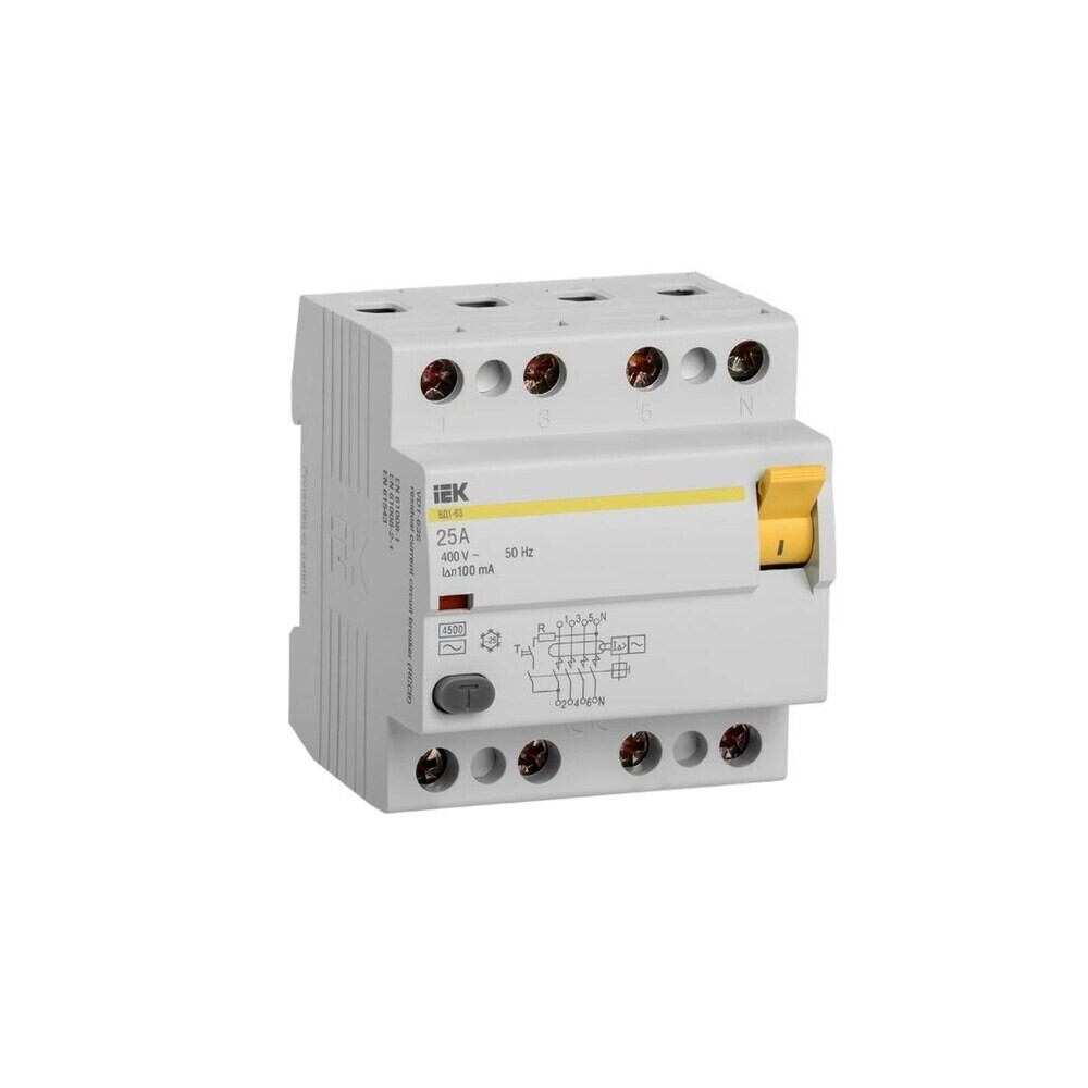 original-3249.jpg УЗО IEK ВД1-63 25А 3P+N тип AC 100 мА 4,5 кА (MDV10-4-025-100) — изображение 1