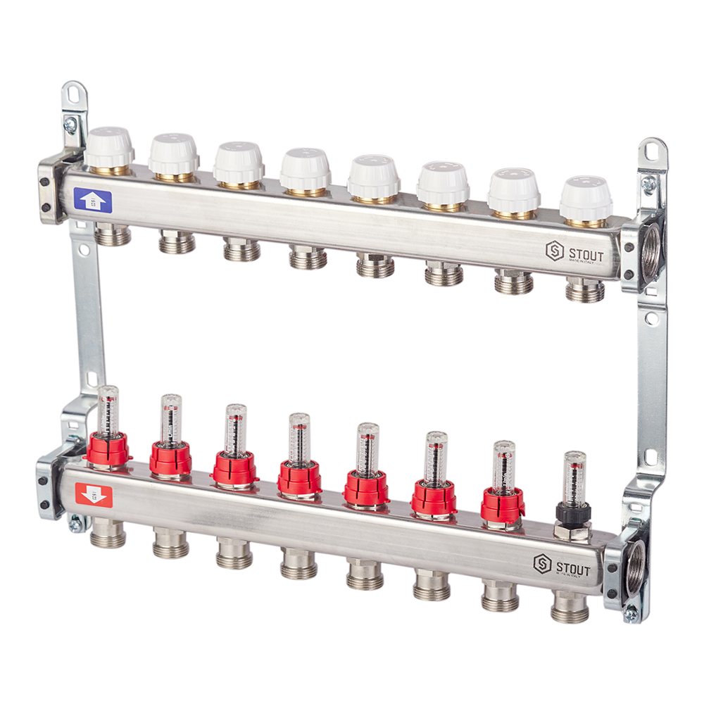 original-33138.jpg Коллекторная группа с расходомерами нержавеющая сталь Stout 1 ВР(г) х 8 выходов 3/4 НР(ш) ЕК х 1 ВР(г) — изображение 1