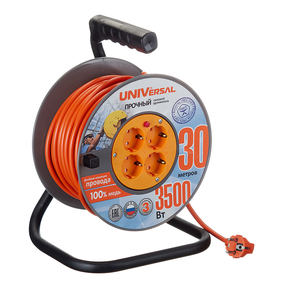 original-35341.jpg Удлинитель UNIVersal с заземлением 30 м на катушке 3,5 кВт 4 розетки ПВС 3х1,5 кв.мм IP20 — изображение 1