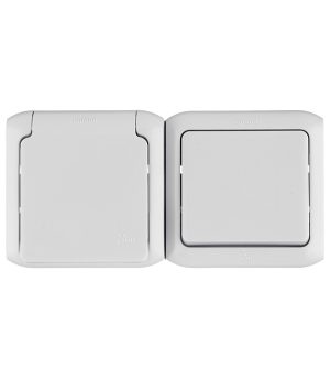 Блок выключатель и розетка Legrand Quteo одноклавишный накладной серый (782348)